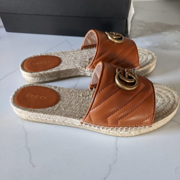 Gucci Tan Brown Pilar Espadrille Slide Sandals GG - Picture 4 of 9